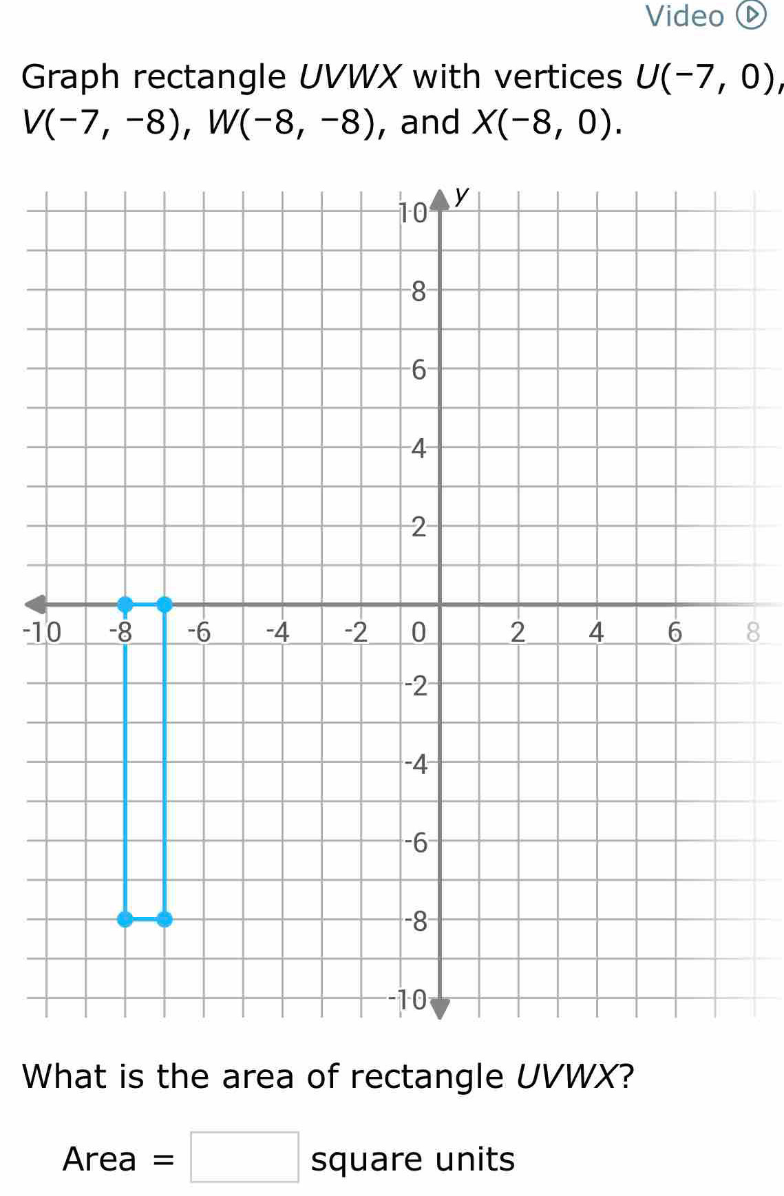 Video ⓑ 
Graph rectangle UVWX with vertices U(-7,0),
V(-7,-8), W(-8,-8) , and X(-8,0).
-18
What is the area of rectangle UVWX? 
Are a =□ square units