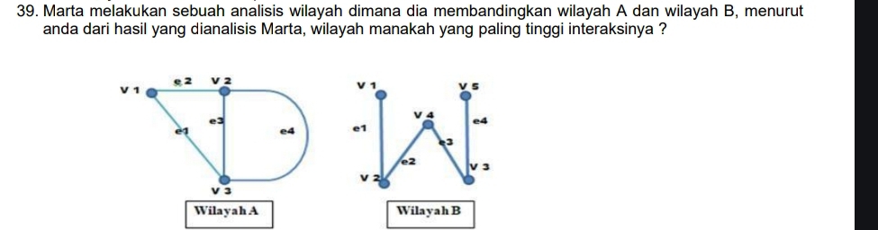 Marta melakukan sebuah analisis wilayah dimana dia membandingkan wilayah A dan wilayah B, menurut 
anda dari hasil yang dianalisis Marta, wilayah manakah yang paling tinggi interaksinya ? 
V 1 v s 
V 4 e4 
e1
3
e2 
V 2 V 3
Wilayah A Wilayah B