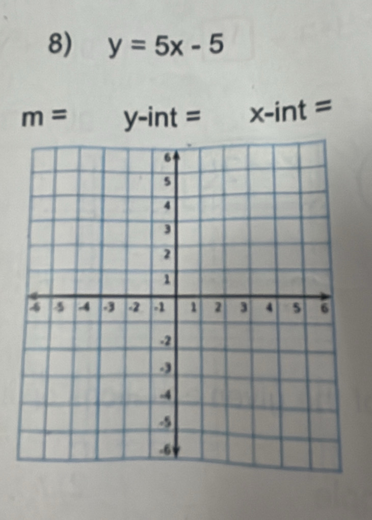 y=5x-5
a
m=y-int= x-int=