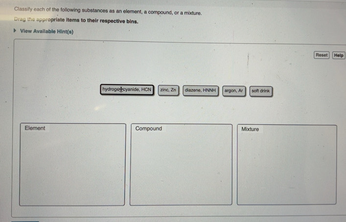 Solved: Classify each of the following substances as an element, a ...