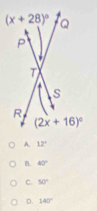 A. 12°
B. 40°
C. 50°
D. 140°