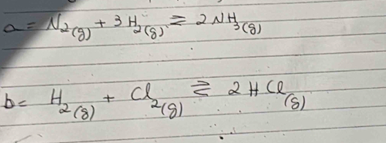 a=N_2(g)+3H_2(g)=2NH_3(g)
b=H_2(g)+Cl_2(g)leftharpoons 2HCl (S)