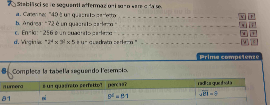 7Stabilisci se le seguenti affermazioni sono vere o false.
a. Caterina:“40 è un quadrato perfetto”_
VF
b. Andrea: “72 è un quadrato perfetto.” _V| | F
c. Ennio: “256 è un quadrato perfetto.” _V F
d. Virginia: " 2^4* 3^2* 5 è un quadrato perfetto.” _V F
Prime competenze
8 Completa la tabella seguendo l’esempio.