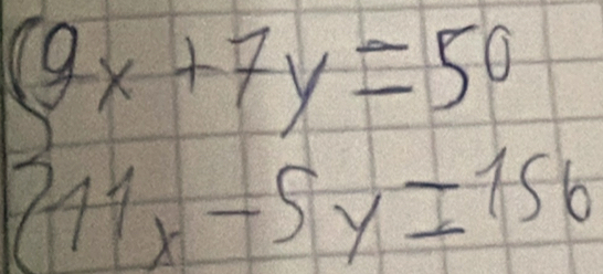 beginarrayl 9x+7y=50 211x-5y=156endarray