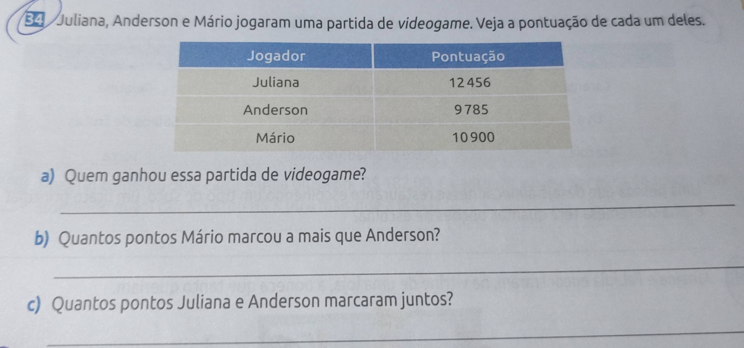 Juliana, Anderson e Mário jogaram uma partida de videogame. Veja a pontuação de cada um deles. 
a) Quem ganhou essa partida de videogame? 
_ 
b) Quantos pontos Mário marcou a mais que Anderson? 
_ 
c) Quantos pontos Juliana e Anderson marcaram juntos? 
_