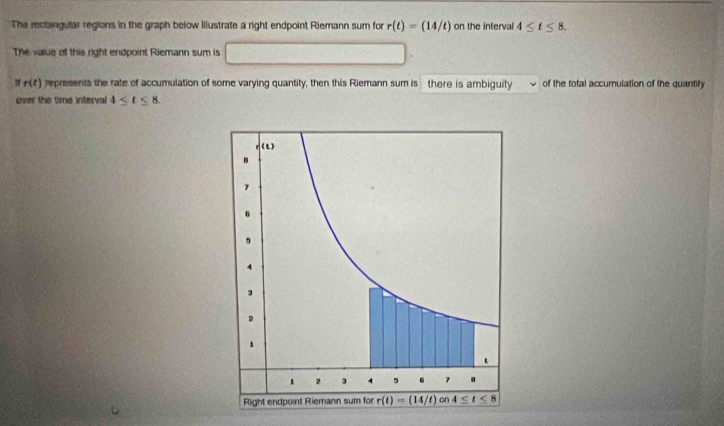 The rectangular regions in the graph below illustrate a right endpoint Riemann sum for r(t)=(14/t) on the interval 4≤ t≤ 8.
The value of this right endpoint Riemann sum is
r(t) represents the rate of accumulation of some varying quantity, then this Riemann sum is there is ambiguity of the total accumulation of the quantity
over the time interval 4≤ t≤ 8