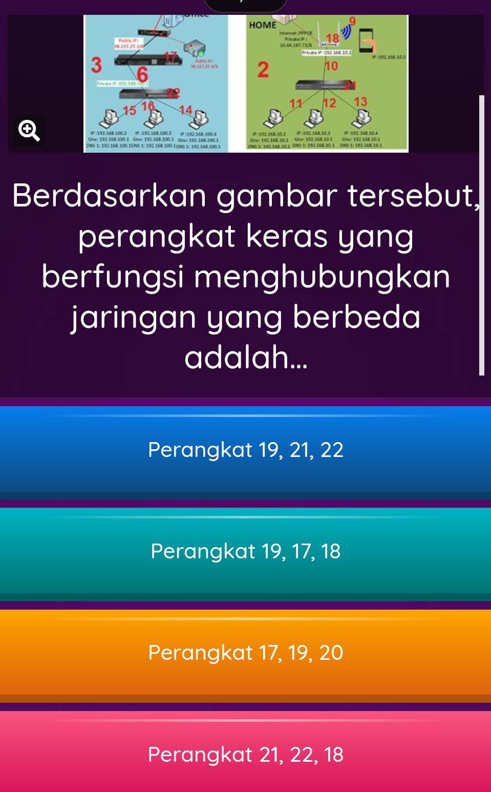 ④
Berdasarkan gambar tersebut,
perangkat keras yang
berfungsi menghubungkan
jaringan yang berbeda
adalah...
Perangkat 19, 21, 22
Perangkat 19, 17, 18
Perangkat 17, 19, 20
Perangkat 21, 22, 18