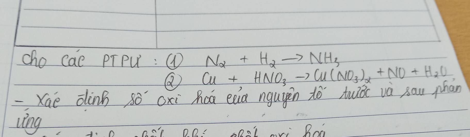 cho cae prPQ : a N_2+H_2to NH_3
Q Cu+HNO_3to Cu(NO_3)_2+NO+H_2O
-Xae dinh 8ó oxi hoá eia ngugen tó tuǒc vá sau phan
lǐng
D. Q: Q0L Bo