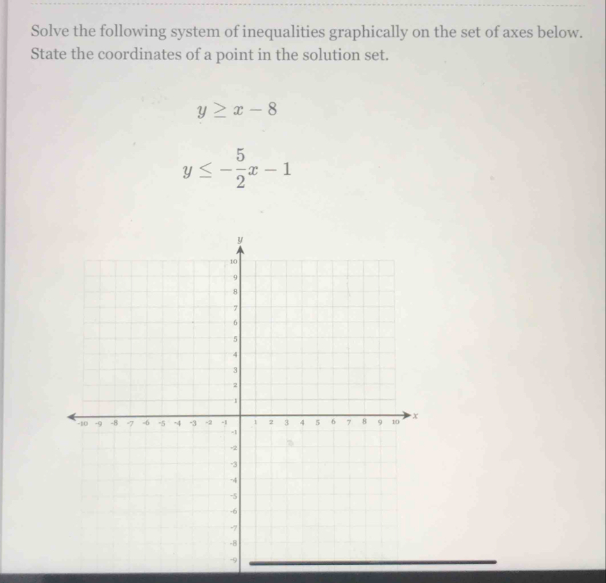 Solve the following system of inequalities graphically on the set of axes below.
State the coordinates of a point in the solution set.
y≥ x-8
y≤ - 5/2 x-1