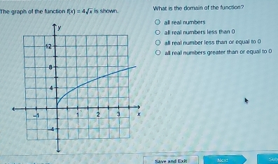 The graph of the function f(x)=4sqrt(x) is shown. What is the domain of the function?
all reall numbers
all real numbers less than O
all real number less than or equal to 0
all real numbers greater than or equal to O
Save and Exit Next