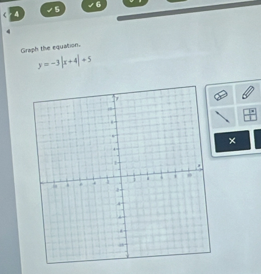 5 
6 
4 
Graph the equation.
y=-3|x+4|+5
□ 
×