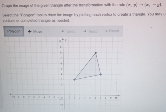 Graph the image of the given triangle after the transformation with the rule (x,y)to (x,-y). 
Select the "Polygon" tool to draw the image by plotting each vertex to create a triangle. You may us 
vertices or completed triangle as needed. 
Polygon Move Undo Redo × Reset 
,