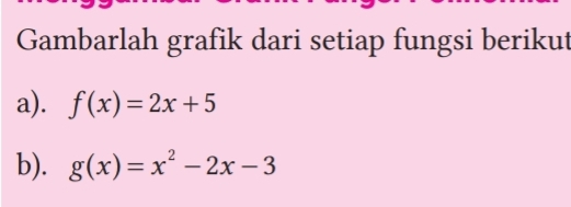 Gambarlah grafik dari setiap fungsi berikut
a). f(x)=2x+5
b). g(x)=x^2-2x-3