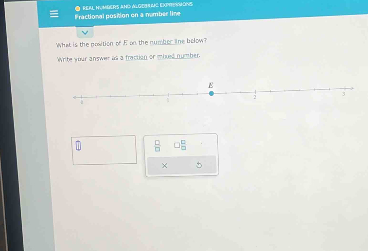 REAL NUMBERS AND ALGEBRAIC EXPRESSIONS 
Fractional position on a number line 
What is the position of E on the number line below? 
Write your answer as a fraction or mixed number.
 □ /□   □  □ /□  
× 5