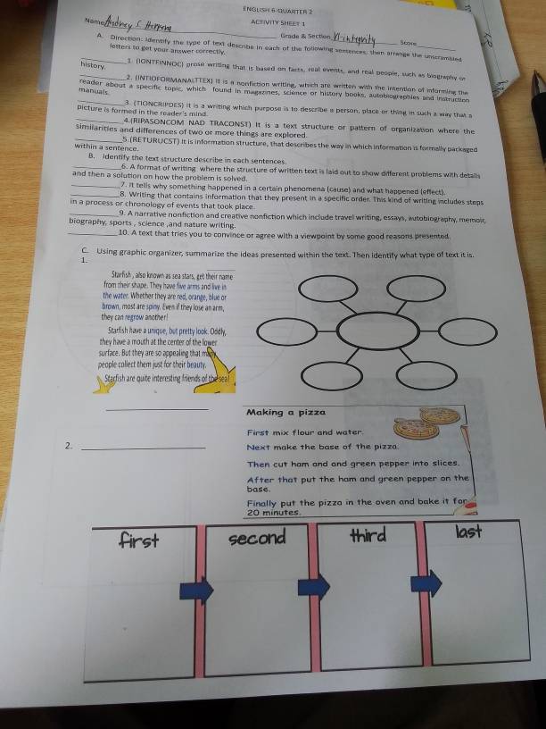 ENGlISH 6-QArtEr 2
_
Năme ACTIVITY SHEET 1
Grade & Section
Scois
_A. Direction: identify the type of text describe in each of the following sensences, then arrange the unscrambled
lotters to get your answer correctly.
history.
_3 (IONTFINNOC) prose writing that is based on fasts, real events, and real people, such as biography o
2. (INTIOFORMANALTTEX) it is a nonfiction writing, which are written with the intention of informing the
_manuals reader about a specific topic, which found in magazines, science or history books, autobiographies and instruction
picture is formed in the reader's mind 3. (TIONCRIPDES) it is a writing which purpose is to describe a person, place or thing in such a way that a
_4.(RIPASONCOM NAD TRACONST) It is a text structure or pattern of organization where the
similarities and differences of two or more things are explored.
within a sentence. 5 (RETURUCST) it is information structure, that describes the way in which information is formally packaged
B. Identify the text structure describe in each sentences
_6. A format of writing where the structure of written text is laid out to show different problems with details
and then a solution on how the problem is solved.
_7. It tells why something happened in a certain phenomena (cause) and what happened (effect).
_8. Writing that contains information that they present in a specific order. This kind of writing includes steps
in a process or chronology of events that took place 
_9. A narrative nonfiction and creative nonfiction which include travel writing, essays, autobiography, memoir,
biography, sports , science ,and nature writing.
_10. A text that tries you to convince or agree with a viewpoint by some good reasons presented
C. Using graphic organizer, summarize the ideas presented within the text. Then identify what type of text it is.
1.
Starfish, also known as sea stars, get their name
from their shape. They have five arms and live in
the water. Whether they are red, orange, blue or
brown, most are spiny. Even if they lose an arm,
they can regrow another!
Starfish have a unique, but pretty look. Oddly,
they have a mouth at the center of the lowe 
surface. But they are so appealing that m
people collect them just for their beauty.
Stacfish are quite interesting friends of the seal
_
Making a pizza
First mix flour and water
2. _Next make the base of the pizza.
Then cut ham and and green pepper into slices.
After that put the ham and green pepper on the
base.
Finally put the pizza in the oven and bake it for
20 minutes
first second third last