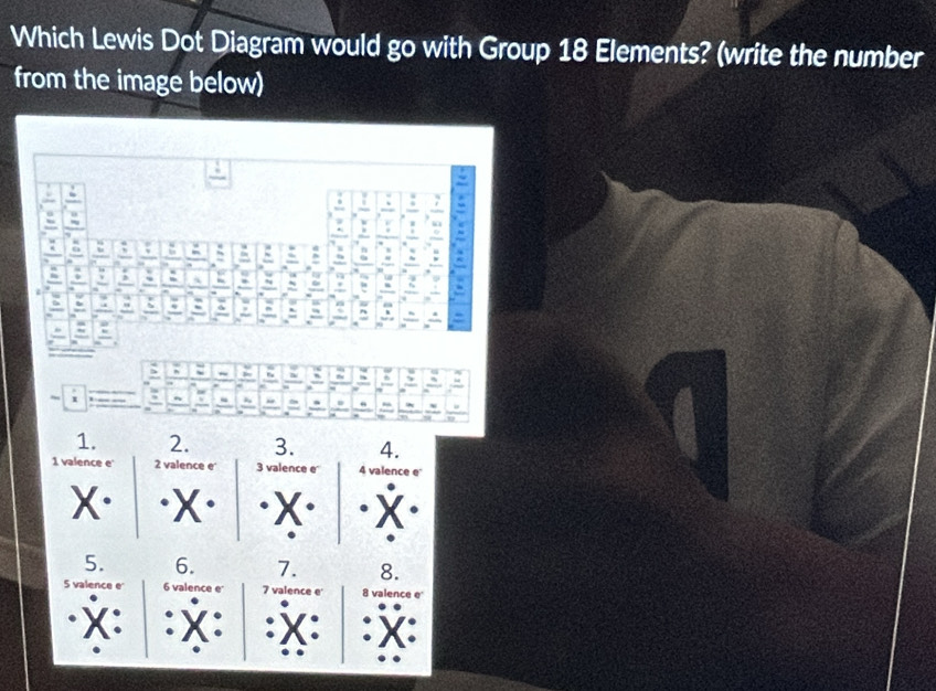 Which Lewis Dot Diagram would go with Group 18 Elements? (write the number 
from the image below) 
1. 2. 3. 4. 
1 valence e 2 valence e 3 valence e 4 valence e 
X. X. 
5. 6. 7. 8. 
5 valence e 6 valence e 7 valence e' 8 valence e 
X: