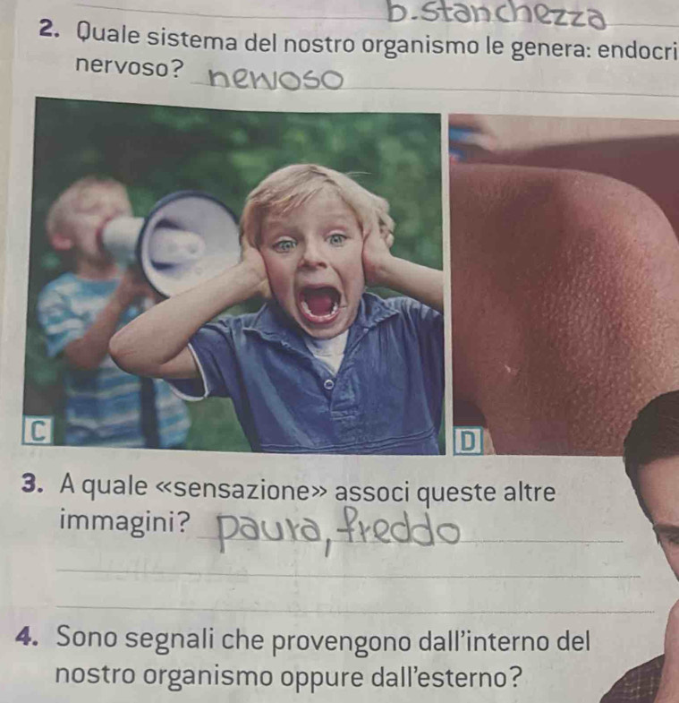 Quale sistema del nostro organismo le genera: endocri 
_ 
nervoso? 
3. A quale «sensazione» associ queste altre 
immagini? 
_ 
_ 
_ 
4. Sono segnali che provengono dall’interno del 
nostro organismo oppure dall'esterno?