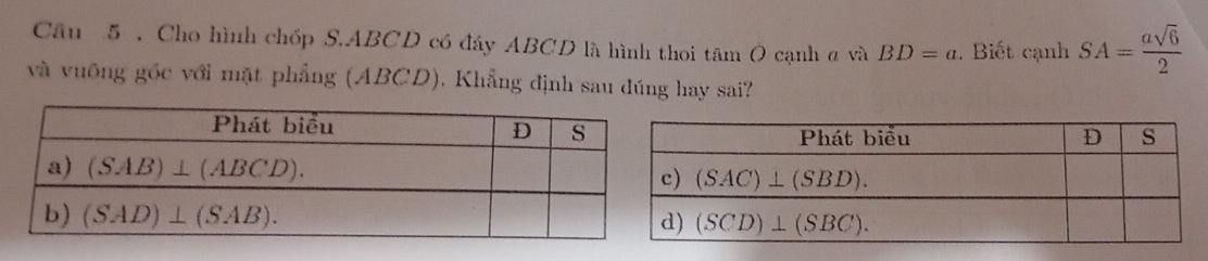 Cho hình chóp S.ABCD có đây ABCD là hình thoi tâm O cạnh α và BD=a. Biết cạnh SA= asqrt(6)/2 
và vuống góc với mặt phẳng (ABCD), Khẳng định sau đúng hay sai?