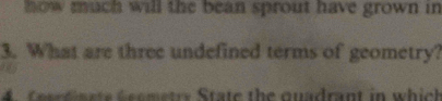 how much will the bean sprout have grown in 
3. What are three undefined terms of geometry? 
130 2 
4. Cerdaate Geometry State the quadrant in which