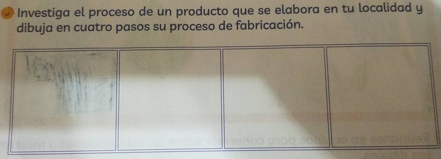 Investiga el proceso de un producto que se elabora en tu localidad y 
dibuja en cuatro pasos su proceso de fabricación.