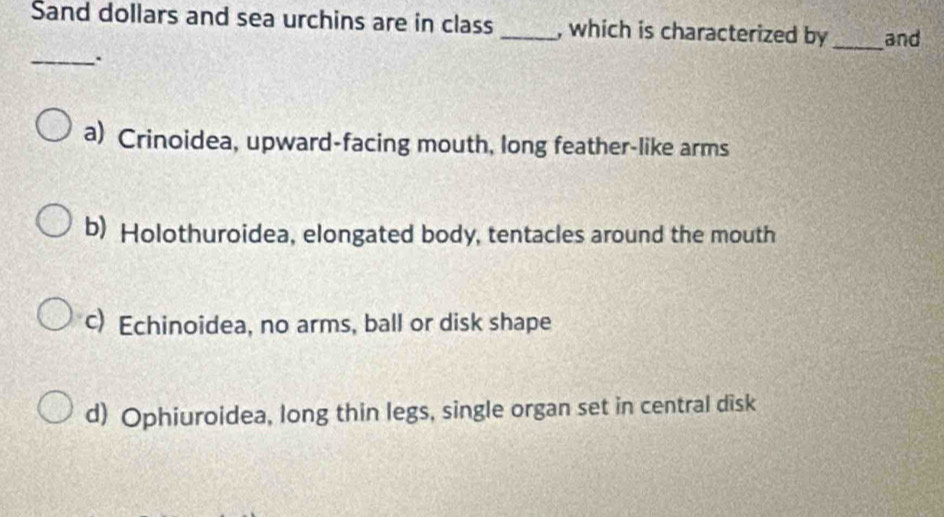 Sand dollars and sea urchins are in class _, which is characterized by _and
_.
a) Crinoidea, upward-facing mouth, long feather-like arms
b) Holothuroidea, elongated body, tentacles around the mouth
c) Echinoidea, no arms, ball or disk shape
d) Ophiuroidea, long thin legs, single organ set in central disk