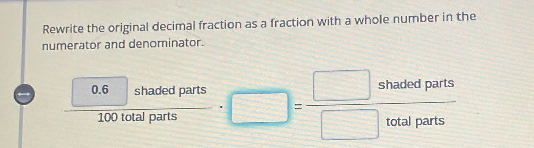 Rewrite the original decimal fraction as a fraction with a whole number in the 
numerator and denominator. 
4  (0.6shadedparts)/100totalparts · □ = □ shadedparts/□ totalparts 