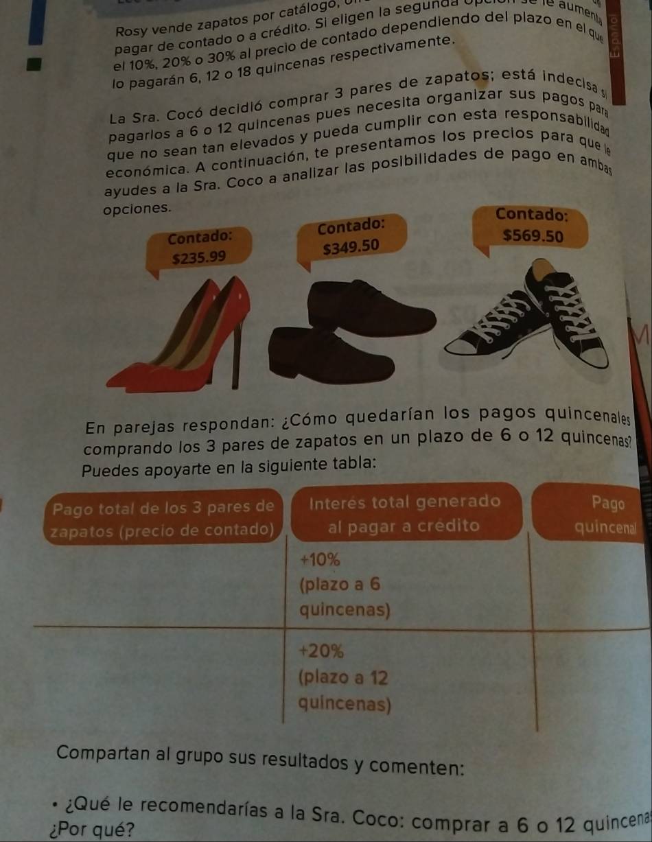 Rosy vende zapatos por catálogo, Ul 
pagar de contado o a crédito. Si eligen la segunda Up e a u ment 
a 
el 10%, 20% o 30% al precio de contado dependiendo del plazo en el que 
lo pagarán 6, 12 o 18 quincenas respectivamente. 
La Sra. Cocó decidió comprar 3 pares de zapatos; está indecisa se 
pagarios a 6 o 12 quincenas pues necesita organizar sus pagos par 
que no sean tan elevados y pueda cumplir con esta responsabilidad 
económica. A continuación, te presentamos los precios para que le 
ayudes a la Sra. Coco a analizar las posibilidades de pago en ambas 
opciones. 
Contado: 
Contado: Contado:
$569.50
$235.99 $349.50
En parejas respondan: ¿Cómo quedarían los pagos quincenales 
comprando los 3 pares de zapatos en un plazo de 6 o 12 quincenas 
Puedes apoyarte en la siguiente tabla: 
Pago total de los 3 pares de Interés total generado Pago 
zapatos (precío de contado) al pagar a credito quincenal
+10%
(plazo a 6
quincenas)
+20%
(plazo a 12
quincenas) 
Compartan al grupo sus resultados y comenten: 
* ¿Qué le recomendarías a la Sra. Coco: comprar a 6 o 12 quincena 
¿Por qué?