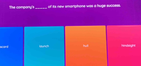 The company's_ of its new smartphone was a huge success.
scard launch hull hindsight