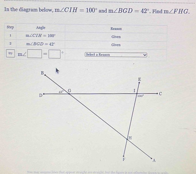 In the diagram below, m∠ CIH=100° and m∠ BGD=42°. Find m∠ FHG.
S
You may assums lines that appear straight are straight, but the figure is not otherwise drawn to scale.