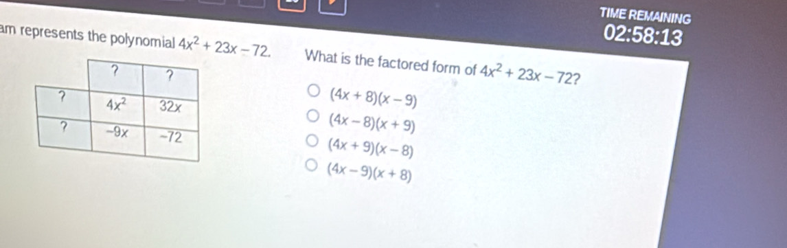 TIME REMAINING
02:58:13
am represents the polynomial 4x^2+23x-72. What is the factored form of 4x^2+23x-72 2
(4x+8)(x-9)
(4x-8)(x+9)
(4x+9)(x-8)
(4x-9)(x+8)