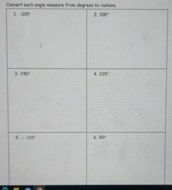 Convert each angle measure from degrees to radians.