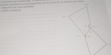 concernées par le bitumute. Il comety l 
Voulant contribuer au developpement de la commune, tu décides de l'aider. 
indique-lui les voies paralfèles 
_ 
Justifie ta réponse 
_ 
_ 
_ 
_ 
_ 
_ 
_ 
_ 
_ 
_ 
_ 
_