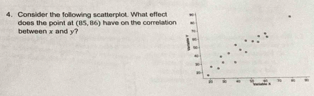 Consider the following scatterplot. What effect 90 - 
does the point at (85,86) have on the correlation 80
between x and y? 70 -
z 60
50
4 (
30.
20
60 70 90
20 so 40 50 Variable X