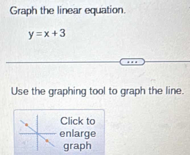 Graph the linear equation.
y=x+3
Use the graphing tool to graph the line. 
Click to 
enlarge 
graph