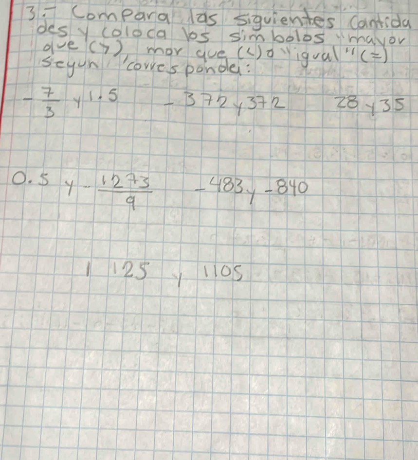 Compara las siquientes Cantida 
desy coloca bs simbolos "mayor 
ave(3) mor gue (c)oyigual"() 
seyon cowes pondei:
- 7/3 y^(1.5) -372y^(372) 28y35
0.5. y- 1273/9  -483y-840
1125y 110s