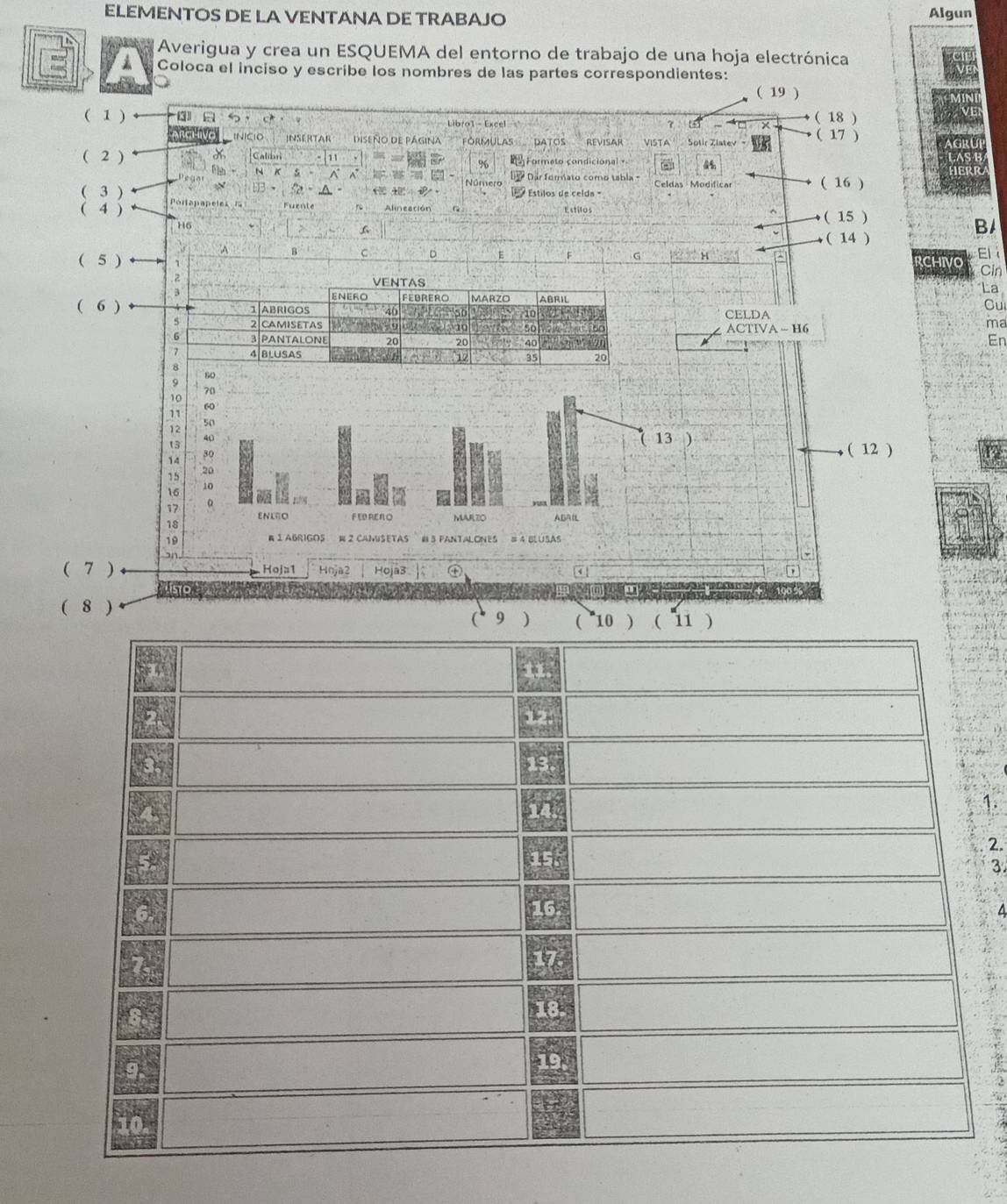 ELEMENTOS DE LA VENTANA DE TRABAJO Algun 
Averigua y crea un ESQUEMA del entorno de trabajo de una hoja electrónica 
Coloca el inciso y escribe los nombres de las partes correspondientes: 
( 19 ) 
( 1 ) (3 ( 18 ) 
τ 
ARCHVO INICIO INSERTAR diseño de página fórmulas .. datos Révisar VISTA Solir Zlatev - ( 17 ) 
( 2 ) Calbn Formeto condicional a 
% 
N K A ^ Número Dár formato como tabla 
( 3 ) UB、 S - A * Estilos de celda = Celdas Modificar ( 16 ) 
( 4 ) Portapapeles 1 Furnte r Alineación Estilos ^ ( 15 ) 
H6 
B 
( 14 ) 
A B C 。 E 
( 5 ) RCHIVO Cin 
. 2 F G H 
Ei 
VENTAS 
La 
3 ENERO Febrero MARZO ABRIL 
Cui 
( 6 ) ABRIGOS 40 so 10 CELDA 
5 2 CAMISETAS 9 10 50 for ACTIVA - H6 
ma 
6 3 PANTALONE 20 20 40
En 
7 4 BLUSAS 17 35 20
9
80
70
10
6
11
12
50
40
13
13 )
14 30
( 12 )
15
20
16
10
17 0
18 ENLRO FED RENO MARZO ABAL 
19 § 1 A6RIGO5 1 2 camisetas' # 3 pantalones # 4 Bl∪sAs 
an 
( 7 ) Hoja1 Hnja2 Hoja3
10
( 8 ) 
9 
2. 
3. 
4