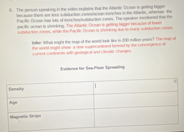 The person speaking in the video explains that the Atlantic Ocean is getting bigger 
because there are less subduction zones/ocean trenches in the Atlantic, whereas the 
Pacific Ocean has lots of trenches/subduction zones. The speaker mentioned that the 
pacific ocean is shrinking. The Atlantic Ocean is getting bigger because of fewer 
subduction zones, while the Pacific Ocean is shrinking due to many subduction zones. 
Infer: What might the map of the world look like in 200 million years? The map of 
the world might show a new supercontinent formed by the convergence of 
current continents with geological and climatic changes. 
Evidence for Sea-Floor Spreading