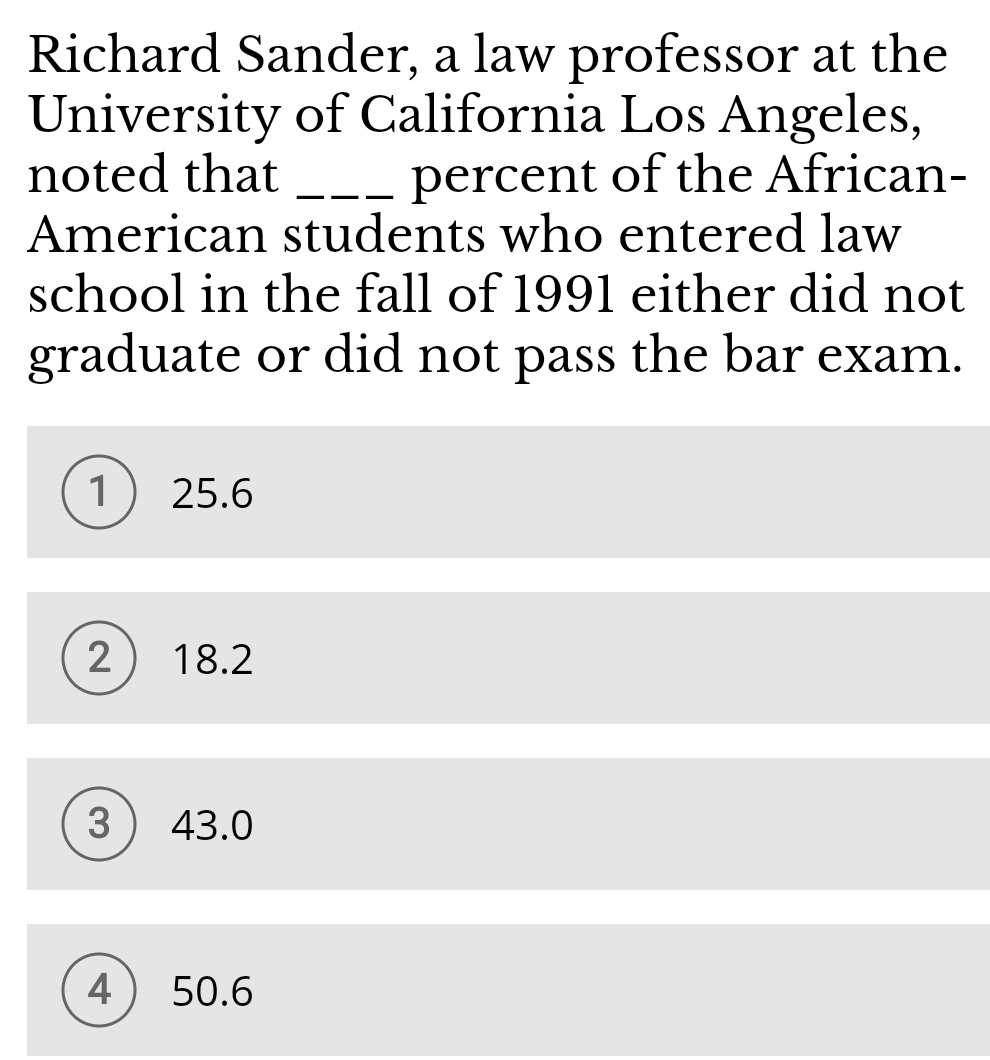 Richard Sander, a law professor at the
University of California Los Angeles,
noted that _percent of the African-
American students who entered law
school in the fall of 1991 either did not
graduate or did not pass the bar exam.
1 25.6
2 18.2
3  43.0
4  50.6