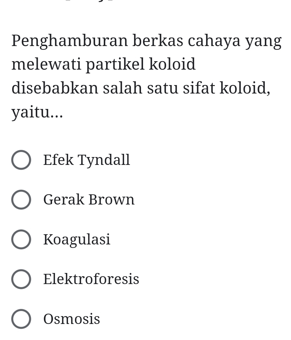 Penghamburan berkas cahaya yang
melewati partikel koloid
disebabkan salah satu sifat koloid,
yaitu...
Efek Tyndall
Gerak Brown
Koagulasi
Elektroforesis
Osmosis