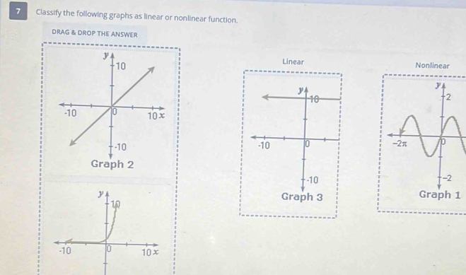 Classify the following graphs as linear or nonlinear function.
DRAG & DROP THE ANSWER
Linear Nonlinear

Graph 2

Graph 1