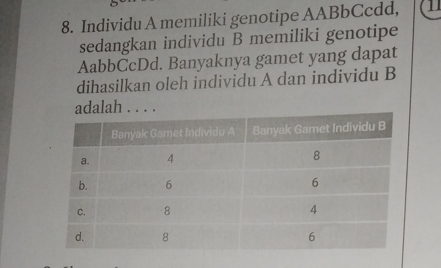 Individu A memiliki genotipe AABbCcdd, 11 
sedangkan individu B memiliki genotipe 
AabbCcDd. Banyaknya gamet yang dapat 
dihasilkan oleh individu A dan individu B 
adalah . . . .