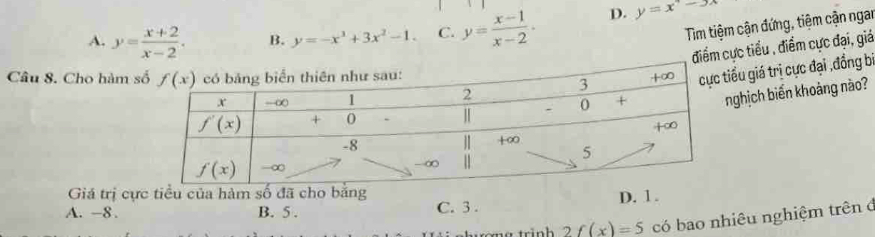 A. y= (x+2)/x-2 .
B. y=-x^3+3x^2-1. C. y= (x-1)/x-2 . D. y=x^2-3x
Tim tiệm cận đứng, tiệm cận ngan
điểm cực tiểu , điểm cực đại, giá
Câu 8. Cho hàm ểu giá trị cực đại ,đồng bị
ghịch biển khoảng nào?
Giá trị cực tiểu của hàm số đã cho bằng
D. 1.
A. -8. B. 5 . C. 3 .
in h 2f(x)=5 có bao nhiêu nghiệm trên đ