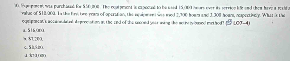 Equipment was purchased for $50,000. The equipment is expected to be used 15,000 hours over its service life and then have a residu
value of $10,000. In the first two years of operation, the equipment was used 2,700 hours and 3,300 hours, respectively. What is the
cquipment's accumulated depreciation at the end of the second year using the activity-based method? ( LO7-4)
a. $16,000.
b. $7,200.
c. $8,800.
d. $20,000.