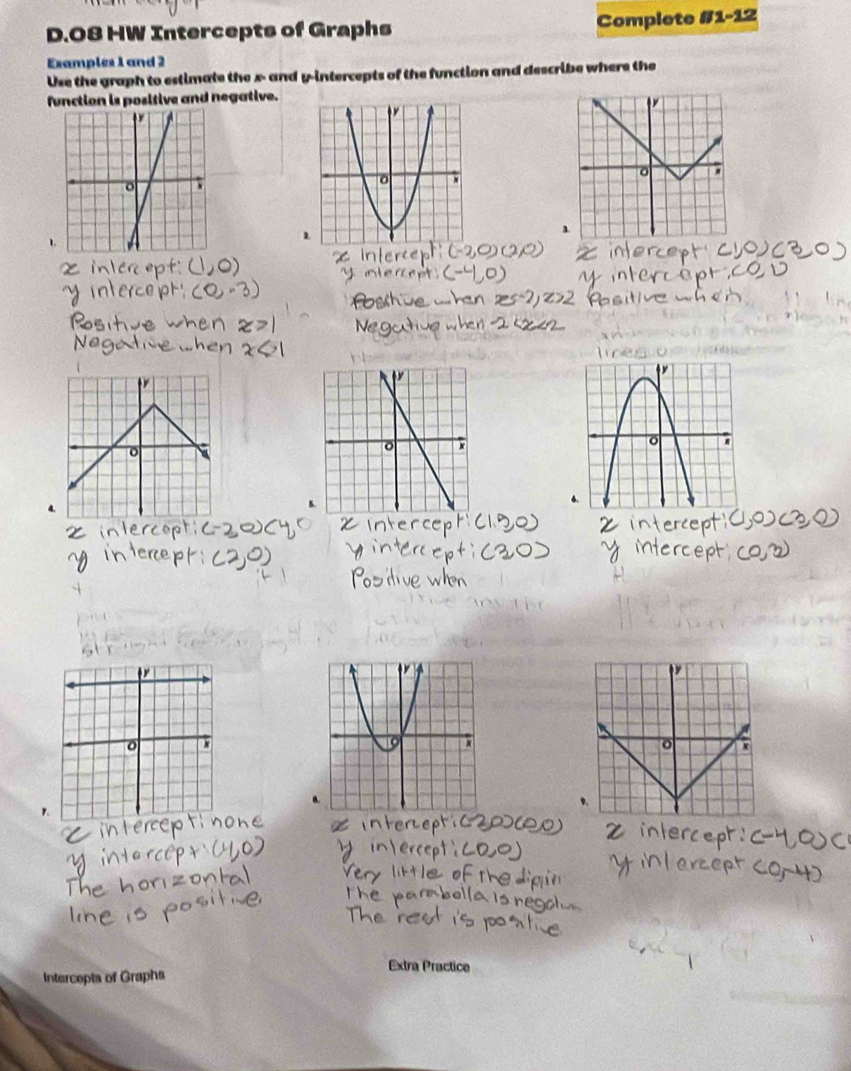 O8 HW Intercepts of Graphs 
Complete #1-12 
Examples 1 and 2 
Use the graph to estimate the x - and y-intercepts of the function and describe where the 
function is positive and negative. 
a 
1 
1. 
Extra Practice 
Intercepts of Graphs