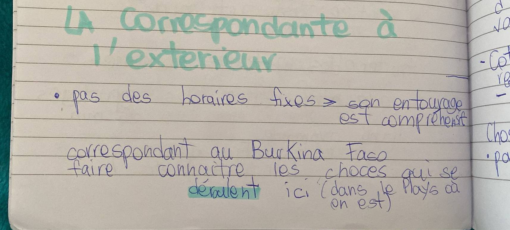 correspondante a 
d 
NO 
_ 
1'exterieur 
-Co 
re 
pas des boraires fixes= san entourage 
est comprehenst 
Cho 
correspondant qu Burkina Face 
faire conhactre les choces gui se 
po 
deculent ici (dans le plays oa 
on est)