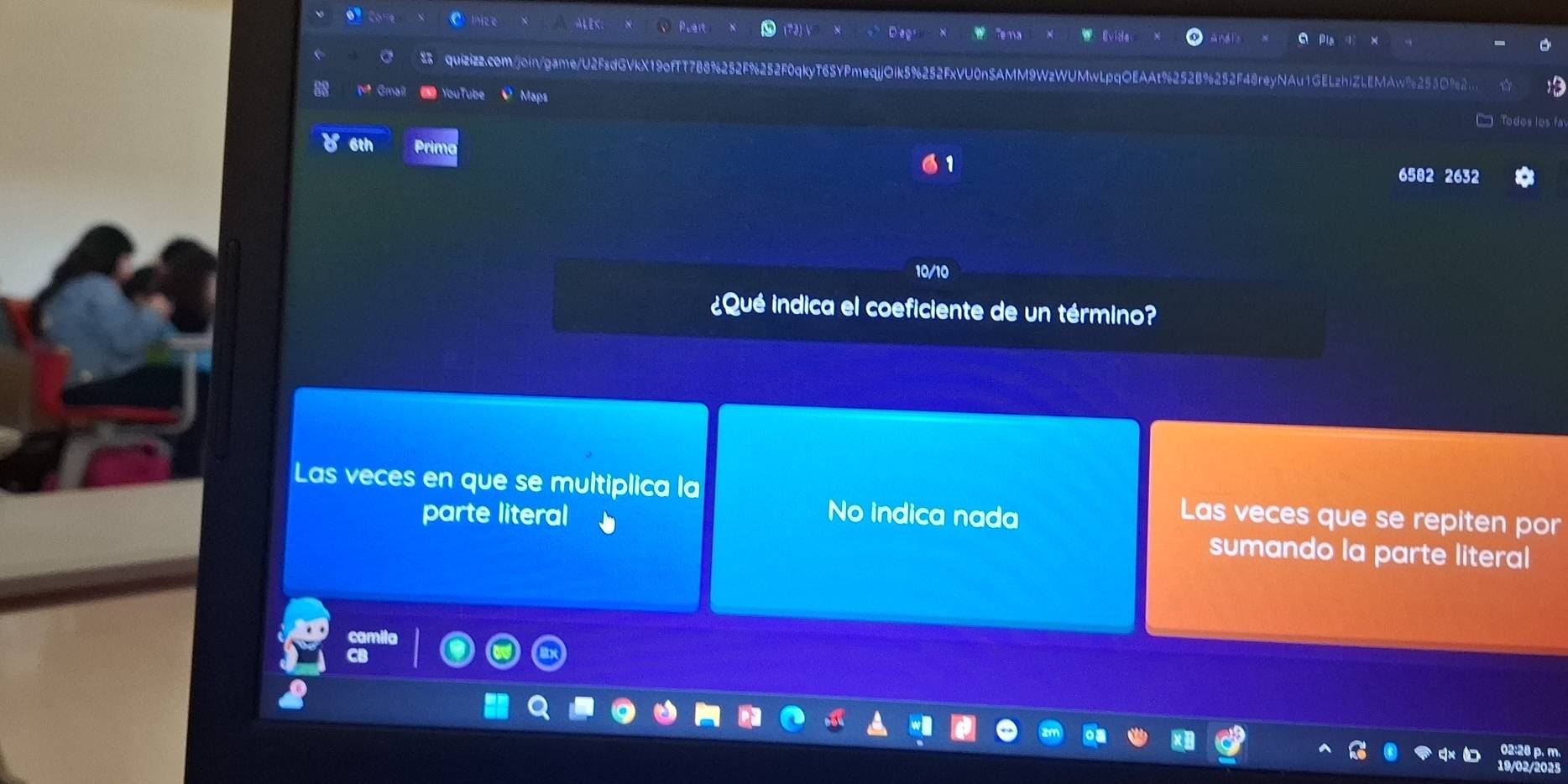 quizizz.com/join/game/U2FsdGVkX19ofTT7B8%252F%252F0qkyT6SYPmeqjjOik5%252FxVU0nSAMM9WzWUMwLpqOEAAt%252B%252F48reyNAu1GELzhiZLEMAw%253D92.
M Gms YouTube Maps
□ Todes les fa
6th Prima 6582 2632
10/10
¿Qué indica el coeficiente de un término?
Las veces en que se multiplica la Las veces que se repiten por
parte literal No indica nada
sumando la parte literal