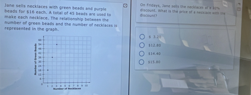 On Fridays, Jane sells the necklaces at a 20%
Jane sells necklaces with green beads and purple discount. What is the price of a neckiace with the
beads for $16 each. A total of 45 beads are used to discount?
make each necklace. The relationship between the
number of green beads and the number of necklaces is
represented in the graph.
$ 3.20
$12.80
$14.40
$15.80