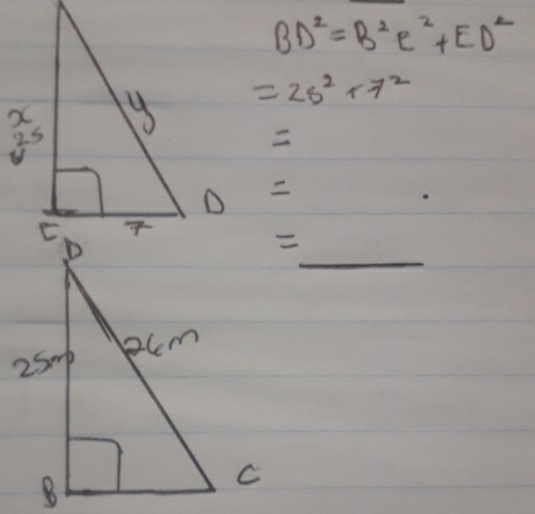 BD^2=B^2e^2+ED^2
=2s^2+7^2

_