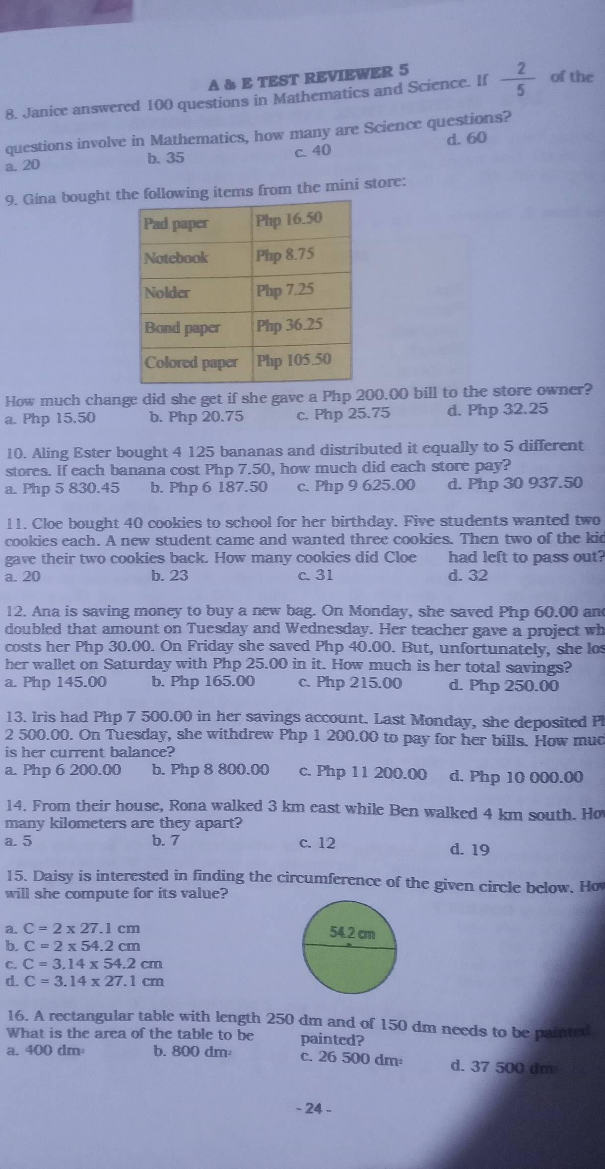 A & E TEST REVIEWER 5
8. Janice answered 100 questions in Mathematics and Science. If  2/5  of the
questions involve in Mathematics, how many are Science questions?
d. 60
b. 35
a. 20 c. 40
9. Gina bought t following items from the mini store:
How much change did she get if she gave a Php 200.00 bill to the store owner?
a. Php 15.50 b. Php 20.75 c. Php 25.75 d. Php 32.25
10. Aling Ester bought 4 125 bananas and distributed it equally to 5 different
stores. If each banana cost Php 7.50, how much did each store pay?
a. Php 5 830.45 b. Php 6 187.50 c. Php 9 625.00 d. Php 30 937.50
11. Cloe bought 40 cookies to school for her birthday. Five students wanted two
cookies each. A new student came and wanted three cookies. Then two of the kid
gave their two cookies back. How many cookies did Cloe had left to pass out?
a. 20 b. 23 c. 31 d. 32
12. Ana is saving money to buy a new bag. On Monday, she saved Php 60.00 and
doubled that amount on Tuesday and Wednesday. Her teacher gave a project wh
costs her Php 30.00. On Friday she saved Php 40.00. But, unfortunately, she lo
her wallet on Saturday with Php 25.00 in it. How much is her total savings?
a. Php 145.00 b. Php 165.00 c. Php 215.00 d. Php 250.00
13. Iris had Php 7 500.00 in her savings account. Last Monday, she deposited Pl
2 500.00. On Tuesday, she withdrew Php 1 200.00 to pay for her bills. How muc
is her current balance?
a. Php 6 200.00 b. Php 8 800.00 c. Php 11 200.00 d. Php 10 000.00
14. From their house, Rona walked 3 km east while Ben walked 4 km south. Ho
many kilometers are they apart?
a.5 b. 7 c. 12
d. 19
15. Daisy is interested in finding the circumference of the given circle below. Ho
will she compute for its value?
a. C=2* 27.1cm
b. C=2* 54.2cm
C. C=3,14* 54.2cm
d. C=3.14* 27.1cm
16. A rectangular table with length 250 dm and of 150 dm needs to be painted
What is the area of the table to be painted?
a. 400 dm b. 800 dm c. 26 500 dm d. 37 500 dm
- 24 -