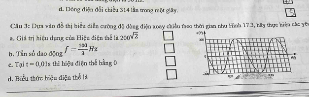 d. Dòng điện đổi chiều 314 lần trong một giây.
Câu 3: Dựa vào đồ thị biểu diễn cường độ dòng điện xoay chiều theo thời gian như Hình 17.3, hãy thực hiện các yêy
a. Giá trị hiệu dụng của Hiệu điện thể là 200sqrt(2)
b. Tần số dao động f= 100/3 Hz
c. Tại t=0,01 5 : thì hiệu điện thế bằng 0
d. Biểu thức hiệu điện thể là